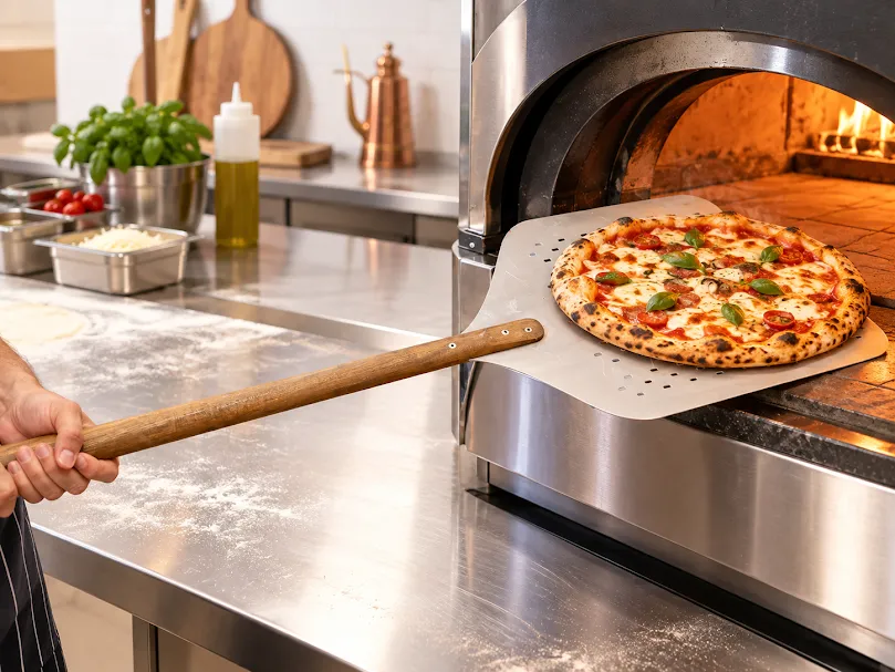 [1006] PALA P/ PIZZA ALUMINIO PERFORADO 35X35 C/MANGO MADERA 69CM