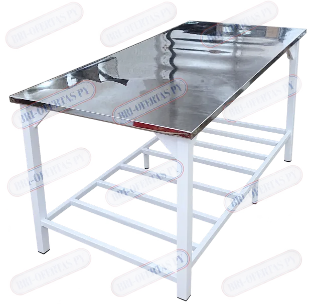 [1111] MESA INOXMAQ 190X90 C/MADERA Y REPISA, PATAS 40X40 BLANCO