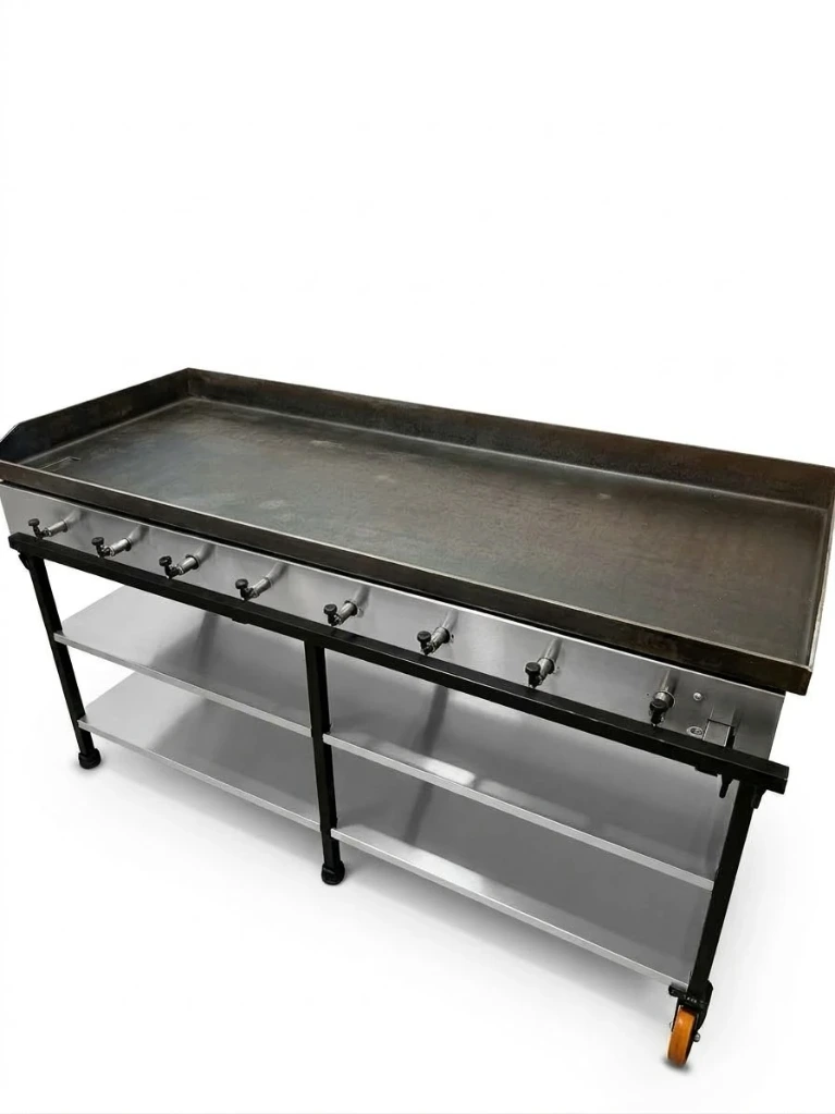 PLANCHA HAMBURGUESERA PROFESIONAL ALTA PRESION 180X70, BASE CON DOBLE ESTANTE INOX Y RUEDAS FRONTAL