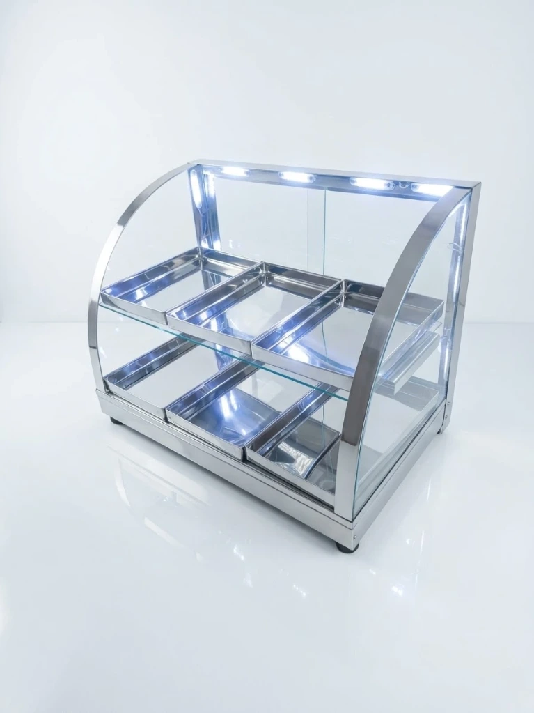 Exhibidora Nacional Curvo Acrilico Luz Led 6B Inox